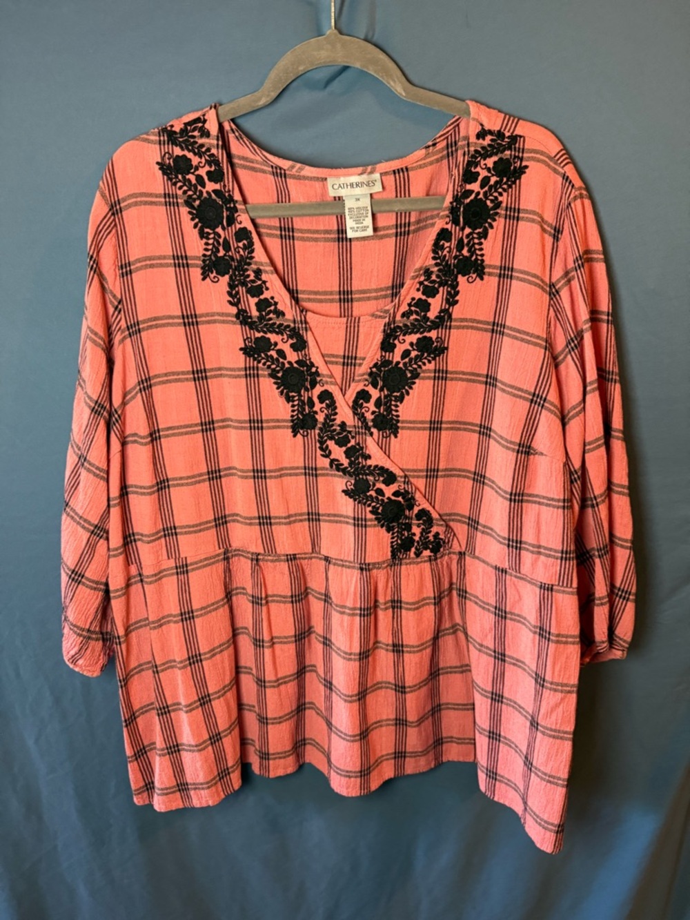 Catherines Coral Pink Plaid V-Neck Peplum Top with Black Floral Embroidery